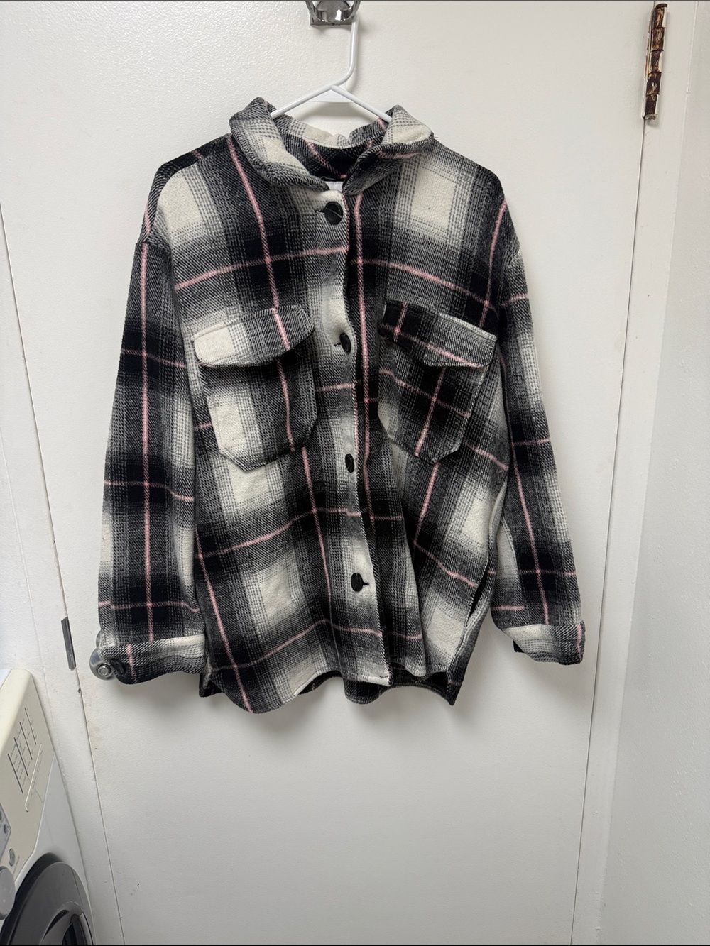 Women’s Black & White Plaid Button-Front Shacket with Pink Stripes